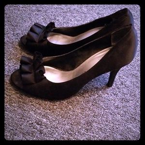 Black satin peep toe heels with ruffle